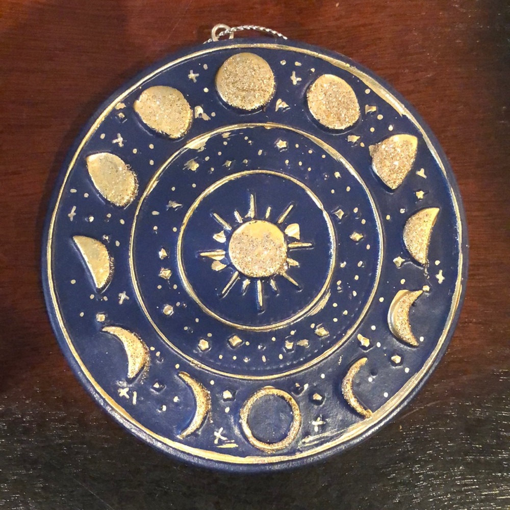 Place & Time Celestial Ornament, Navy & Gold w/ Gold Glitter sparkles sun/moon